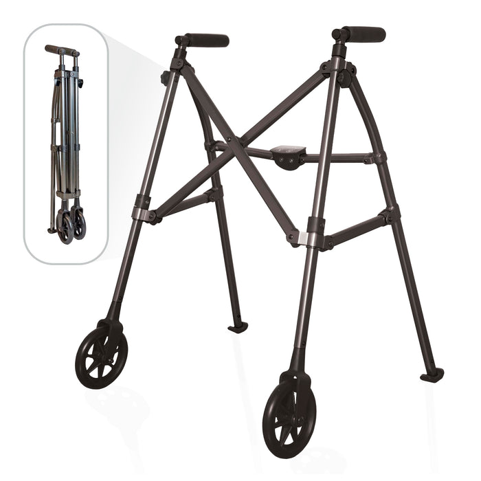 Stander Wonder Walker, Lightweight Foldable Space Saver Rolling Walker for Adults, Seniors, and Elderly, Compact Travel Walker with 6-inch Wheels and Ski Glides for Mobility Support, Black Walnut
