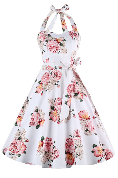 Topdress Women's Vintage Polka Audrey Dress 1950s Halter Retro Cocktail Dress Pink Flower XL