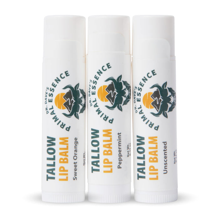 Dr. Dave's Primal Essence Moisturizing Tallow Lip Balm - Grass-Fed Beef Tallow with Organic Coconut Oil, Beeswax and Vitamin E - Variety Pack, 3-Pack