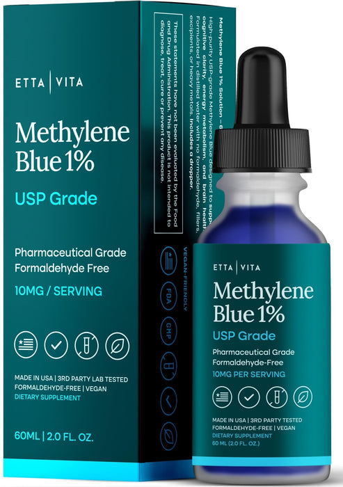 Methylene Blue Drops - USP Pharmaceutical Grade 99.99% Pure 1% Solution for Energy, Focus, Clarity, Cognition & Cellular Support - 3rd Party Tested, Formaldehyde-Free, Made in USA, 2oz Tincture