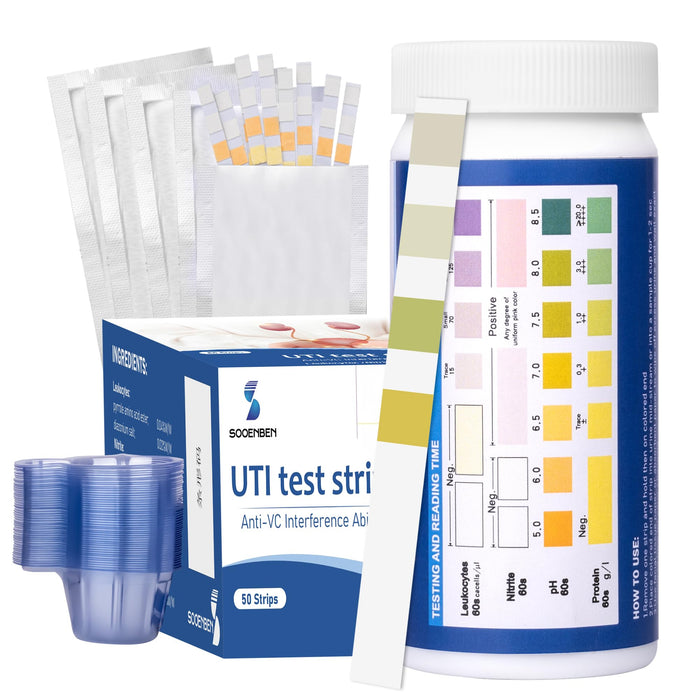 4-in-1 UTI Test Strips, 50ct Full Panel Urinary Tract Infection Test Kit at Home for Women Men Kids, Urinalysis Leukocytes, Nitrites, PH, Protein Urine Strip for UTI and Bladder, 50 Strips 50 Cups