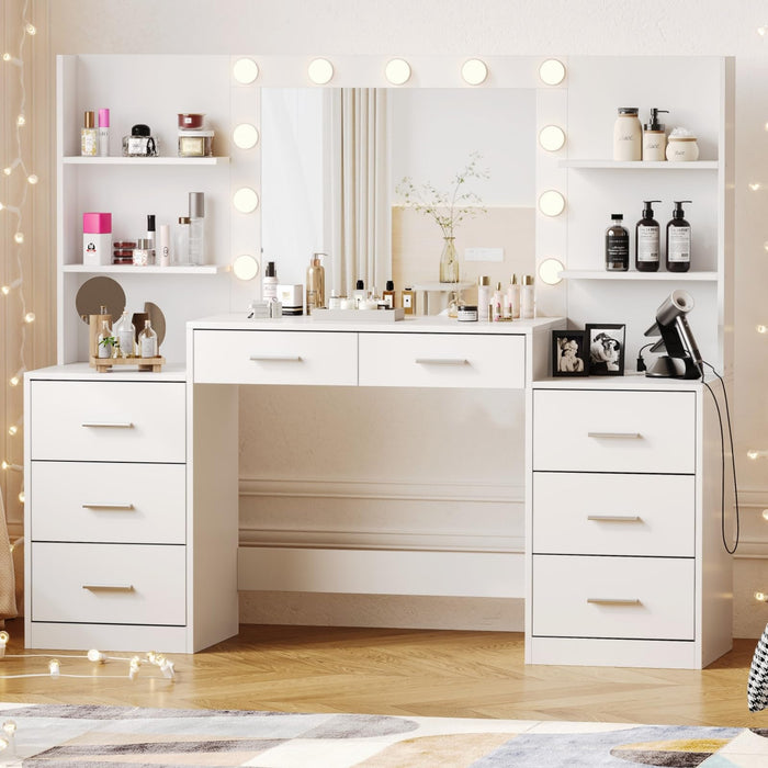 Irontar 61.9" Large Vanity Desk with Mirror & Lights, White Makeup Vanity with Power Outlet, Modern Vanity Table with 8 Drawers & Shelves, 3 Lighting Modes, for Bedroom, Dressing Room