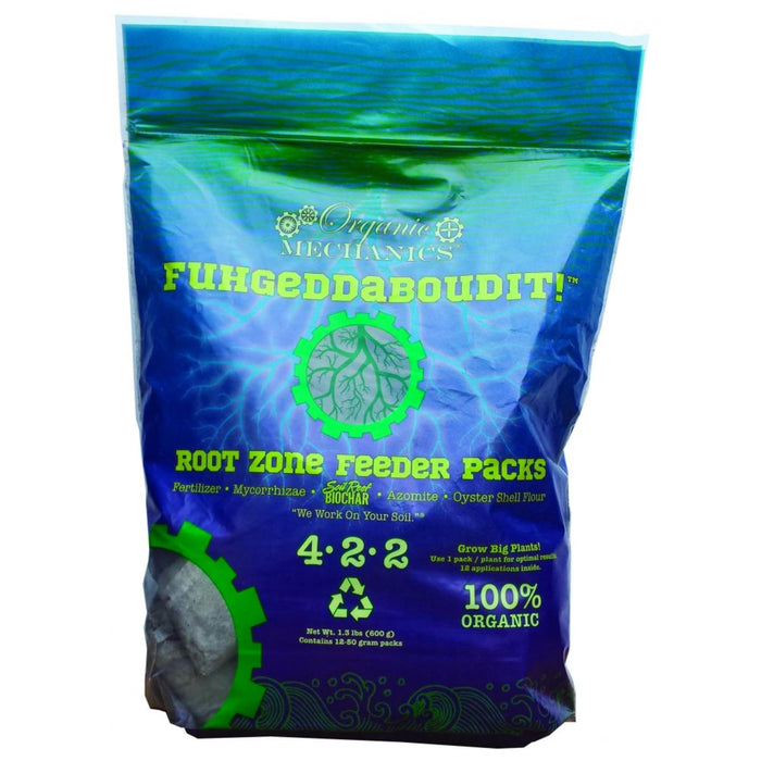 Organic Mechanics 4-2-2 Fuhgeddaboutit! Root Zone Feeder Packs (Pack of 12) - Fertilizer Blend Promotes Plant Growth with Mycorrhizae, Biochar, and Micronized Oyster Shell - Eco-Friendly