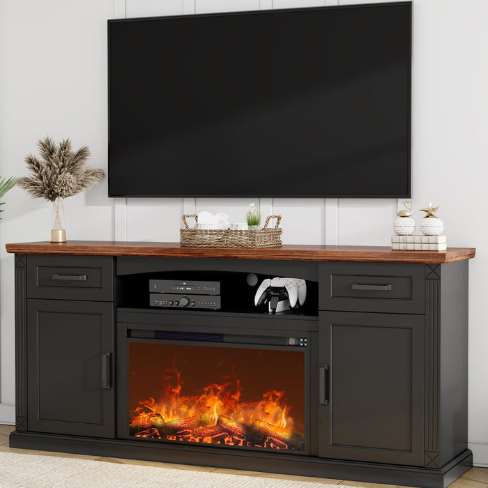 70'' Fireplace TV Stand for up to 80 inch TV, 32" Tall Entertainment Center with Fireplace, Farmhouse TV Stands with Electric Fireplace for Living Room, 2 Drawers (Black, 70'' Wooden Door)