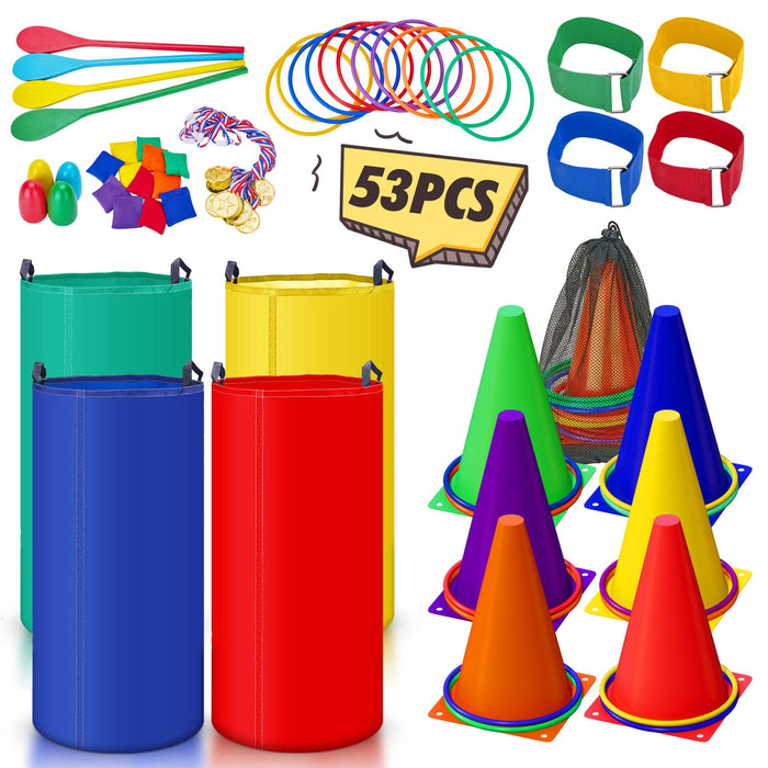 Retros Market Outdoor Lawn Carnival Games Bean Bags Ring Toss Set Potato Sack Race Bags Egg and Spoon Race Party for Kid Adult Family，Birthday Party Family Reunion Outside Field Day Easter Games 53 PCS