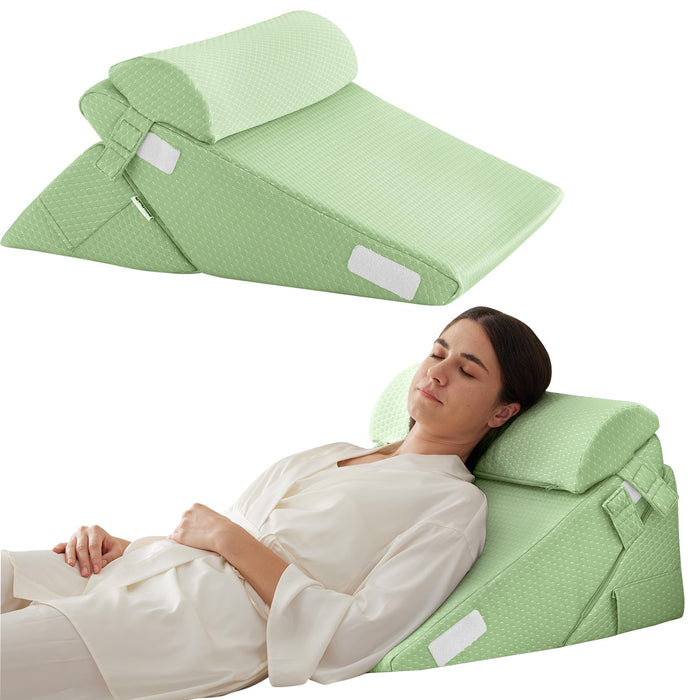Bedluxe 3Pcs Orthopedic Bed Wedge Pillow Set, Foam Wedge Pillow Post Surgery for Back, Leg and Knee Support, Adjustable 9&12 Inch Folding Triangle Pillow for Sleeping, Acid Reflux, Snoring, Green