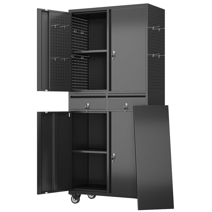 GLADIW Garage Storage Cabinet with Wheels, Metal Storage Cabinet with 2 Drawers and 2 Adjustable Shelves, Metal Lockers with Pegboards for Homes, Offices, Kitchens, Schools and Pantries