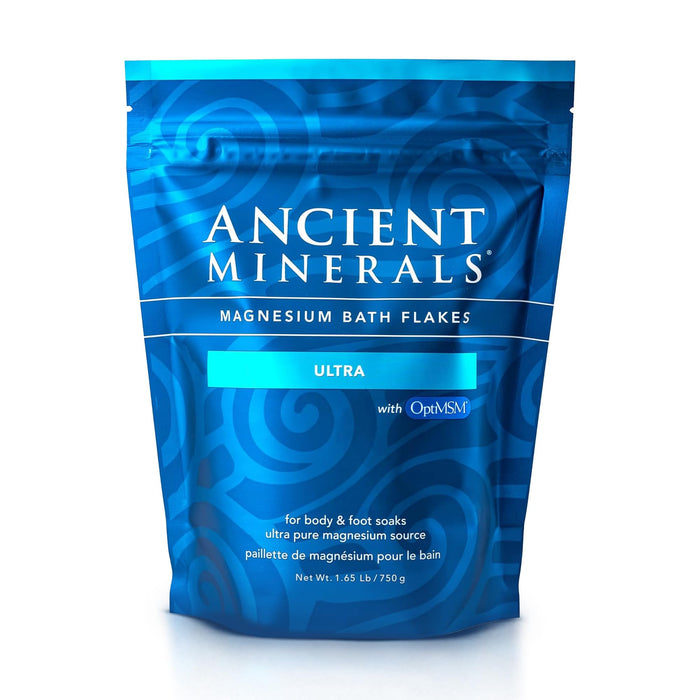 Ancient Minerals Magnesium Bath Flakes Ultra with OptiMSM – Pure Zechstein Magnesium Chloride and Organic Sulfur Bath Salts, Soothing Mineral Soak for Skin & Body, 1.65 lb