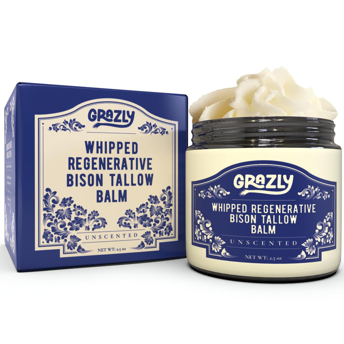 Grazly Unscented Whipped Bison Tallow Balm with Manuka Honey & Jojoba Oil - Grass-Fed & Finished Organic Tallow Face Moisturizer - Face & Body Cream for Acne-Prone Skin - Nourishing Skincare - 2.5oz