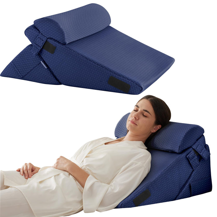 Bedluxe 3Pcs Orthopedic Bed Wedge Pillow Set, Foam Wedge Pillow Post Surgery for Back, Leg and Knee Support, Adjustable 9&12 Inch Folding Triangle Pillow for Sleeping, Acid Reflux, Snoring, Navy