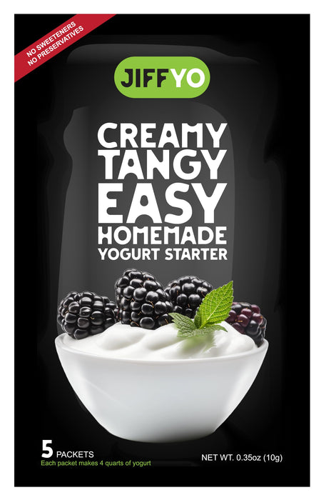 JiffYO Creamy Tangy Easy Homemade Yogurt Starter, 5 Packets, each Packet Makes 1 Gal (4 quarts) of Delicious Homemade Yogurt. No Preservaties or Sweeteners.