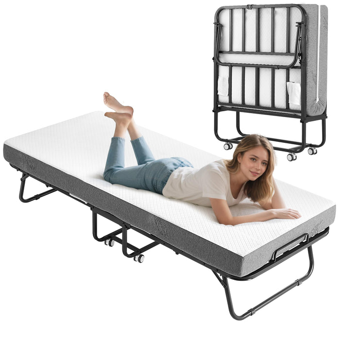 Decofy Folding Bed with Memory Foam Mattress, Portable Rollaway Guest Beds on Wheels, 75"x31" Twin Size Space-Saving Cot-Size Bed for Adults with Easy Assembly Metal Frame (White)