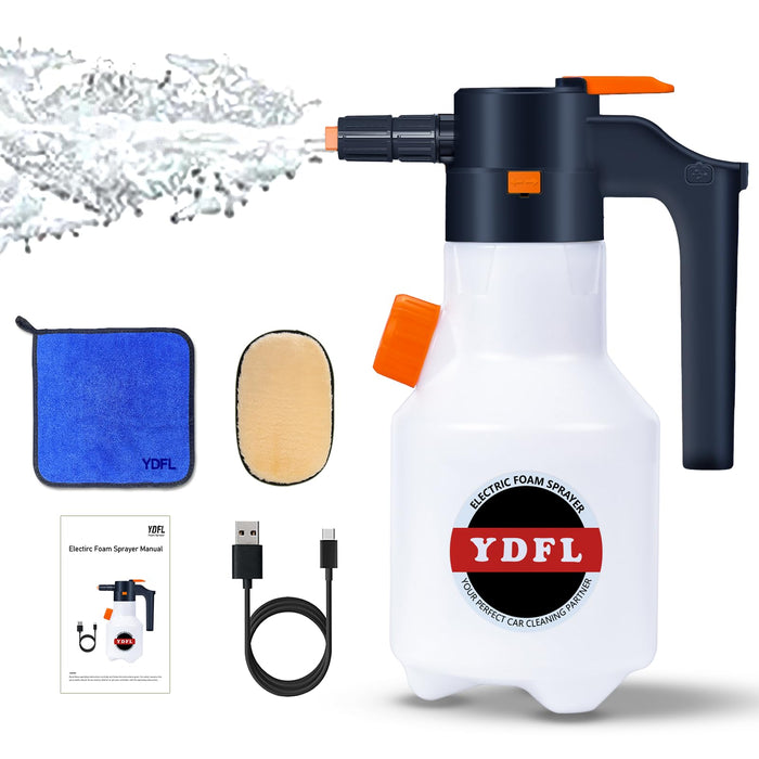 YDFL Electric Foam Sprayer with USB Charge, 2L Pressurized Sprayer for Home, Garden and Car Beauty and Cleaning