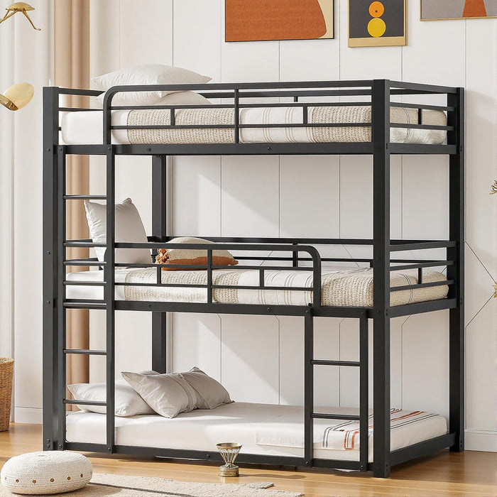 Mixcous Heavy Duty Triple Bunk Bed, Twin-Size Metal Bunkbeds with Ladder, Family-Friendly for All Ages, Bedroom, No Box Spring Needed, Easy Assembly, Black