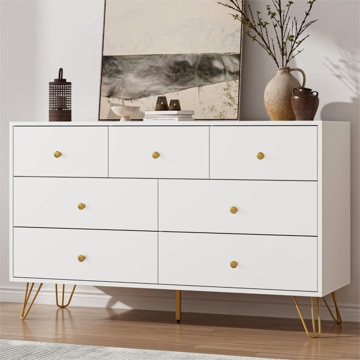 Tradare White Dresser for Bedroom, Modern 7 Drawer Dresser with Gold Handles and Metal Legs, White and Gold Dressers & Chest of Drawers for Hallway, Entryway
