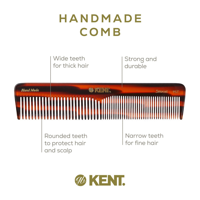Kent 16T Double Tooth Hair Dressing Table Comb, Fine and Wide Tooth Dresser Comb For Hair, Beard and Mustache, Coarse and Fine Hair Styling Grooming Comb for Men, Women and Kids. Made in England