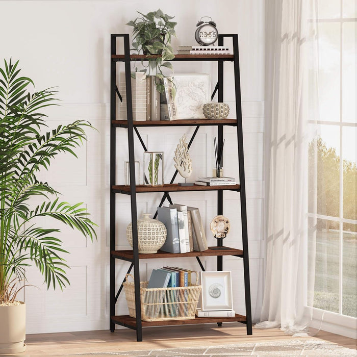 BON AUGURE Ladder Shelf Bookcase, 5-Tier Industrial Ladder Bookshelf, Tall Living Room Shelves, Wood and Metal Leaning Shelf for Home Office, Kitchen, Bedroom, Balcony (Rustic Oak)