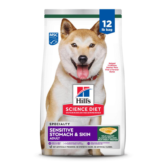 Hill's Science Diet Sensitive Stomach & Skin, Adult 1-6, Stomach & Skin Sensitivity Support, Dry Dog Food, Pollock, Barley, & Insect Recipe, 12 lb Bag