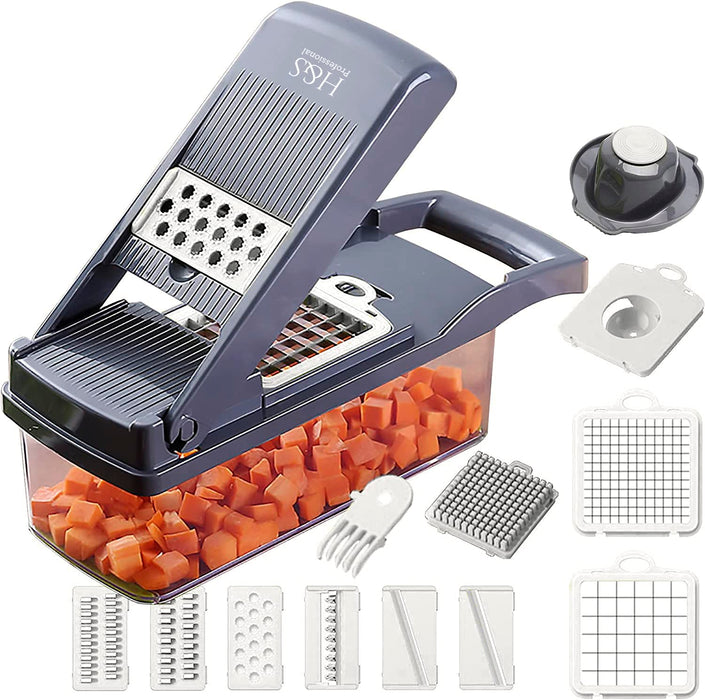 H&S Professional 12 in 1 Vegetable Chopper, 7 Blade- Slicer, Onion Mincer Chopper, Cutter, Dicer with Container- A Pro Food Chopper in White & Grey