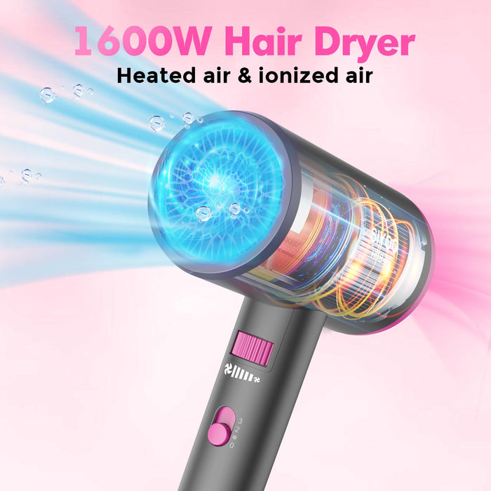 SIYOO Professional Hair Dryer, Ionic Blow Dryer with Diffuser and Nozzle, 1600 Watt Negative Ions Salon Lightweight Hairdryer Pink