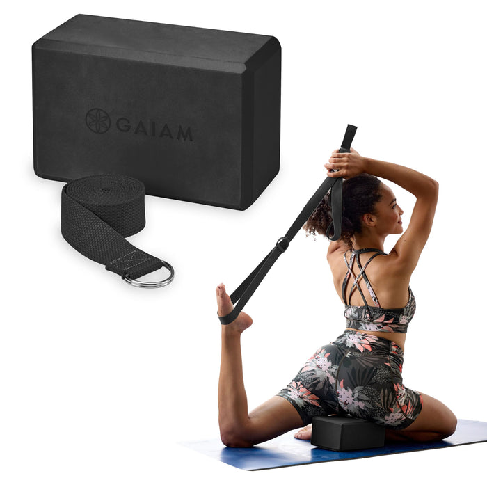 Gaiam Yoga Block & Yoga Strap Combo Set - Yoga Block with Strap, Pilates & Yoga Props to Help Extend & Deepen Stretches, Yoga Kit for Stability, Balance & Optimal Alignment - Black