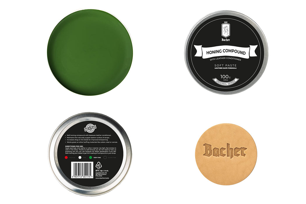 BACHER Polishing Compound - Very Fine Green Stropping Compound - Leather Strop Sharpening Buffing Compound with applicator – 100g (3.53 Oz)