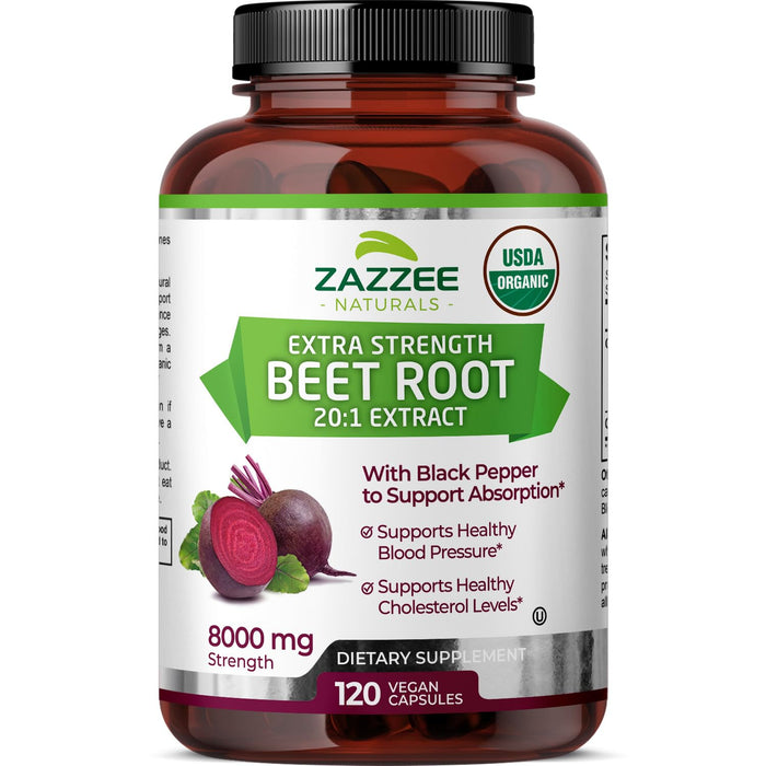 Zazzee USDA Organic Beet Root 8000 mg Strength 20:1 Extract, 120 Vegan Quick Release Capsules, Black Pepper Extract for Enhanced Absorption, Supports Nitric Oxide Production, Non-GMO, Made in The USA