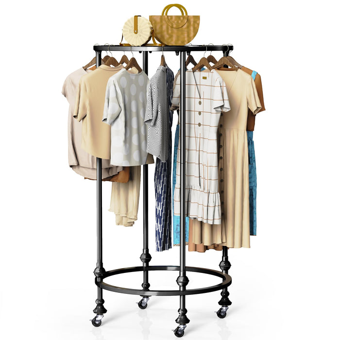 Rolling Round Garment Rack, Freestanding Double Space Multi-Purpose Retail Clothing Rack with Wheels and Topper, Heavy Duty Commercial Clothing Organizer for Retail Boutique Bedroom (Black)