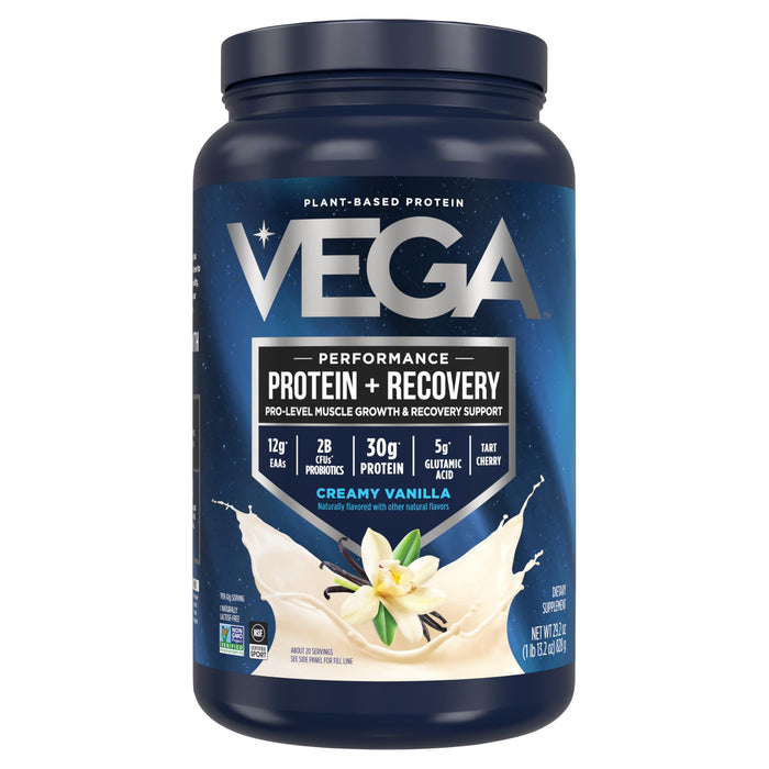Vega Sport Vegan Protein Powder + Recovery - 30g Plant Based Protein per Serving, Vanilla, 20 Servings, 5g BCAAs, Probiotics, NSF Certified, For Shakes & Smoothies, 1.8lbs (Packaging May Vary)
