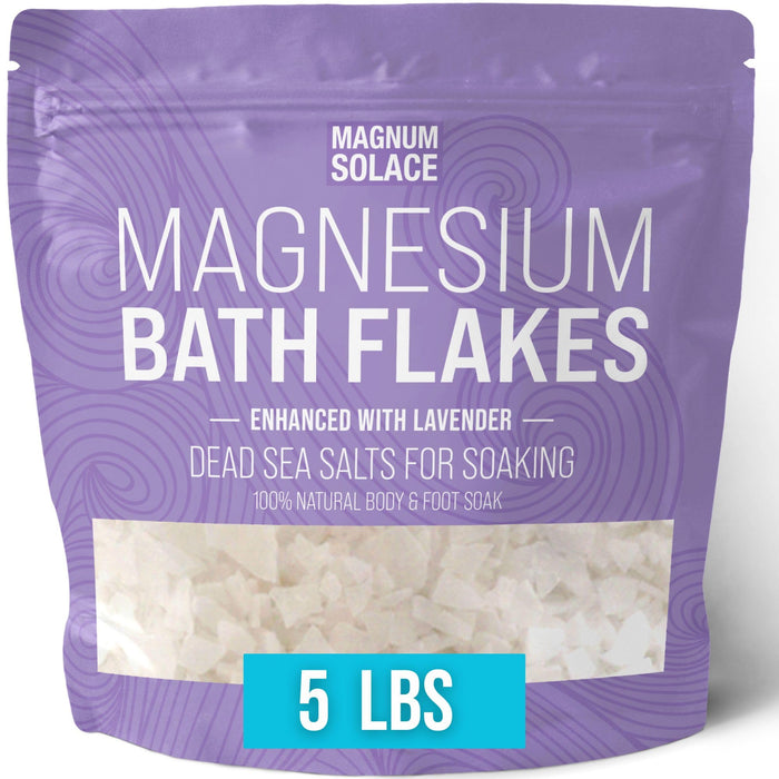 Magnum Solace Magnesium Bath Flakes - Dead Sea Salt – Dead Sea Salts for Soaking – Magnesium Flakes for Bath - Enhanced with Lavender (5 Pound)
