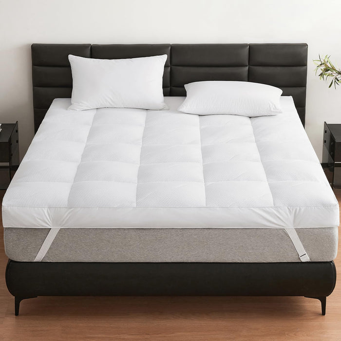 LeWinBedding Dual Layer 5 Inch Goose Feather Mattress Topper King Size, 4 Inch Goose Feather Plus 1 Inch Down Alternative Pillow Top, Medium Firm Featherbed with Adjustable Straps(78"x80", Wavy)