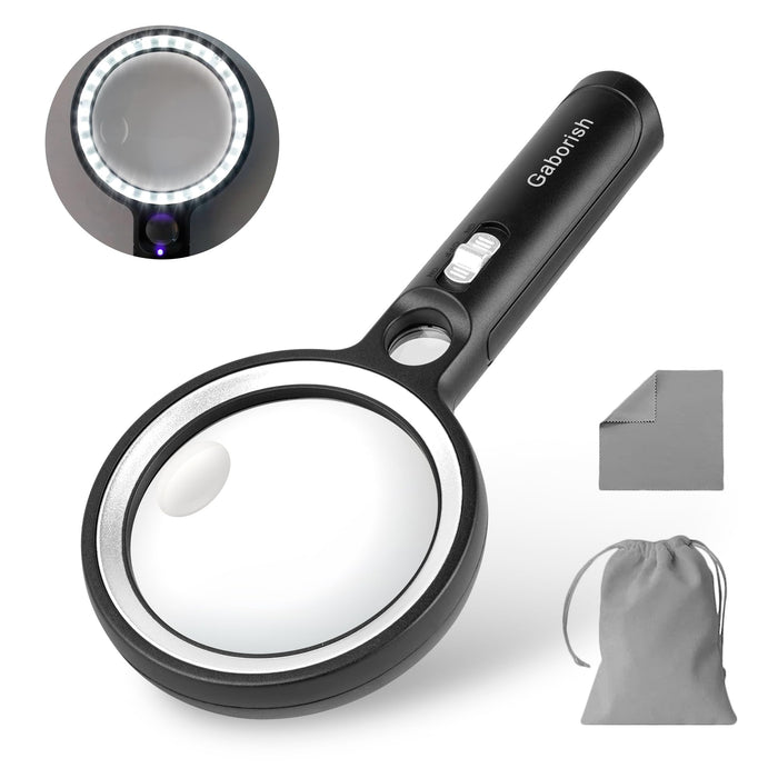 Magnifying Glass with 30 LED Lights, 10X 20X 45X Handheld Illuminated Lighted Magnifier with 1UV Light for Seniors Reading, Inspection, Coins, Jewelry, Exploring Light Magnifying Glass