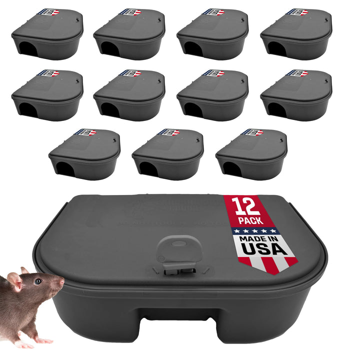 Exterminator's Choice Black Bait Station - Includes 12 Small Stations and 1 Key - Heavy Duty Bait Box for Mice and Other Pests - Durable and Discreet