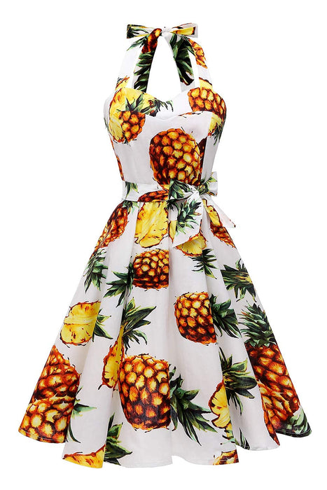 Topdress Women's Vintage Polka Audrey Dress 1950s Halter Retro Cocktail Dress Pineapple XL