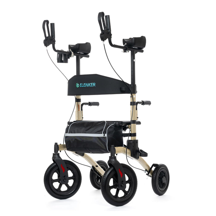 ELENKER All-Terrain Upright Rollator Walker, Stand up Rolling Walker with Seat, 12” Non-Pneumatic Tire Wheels, Compact Folding Design for Seniors, Champagne