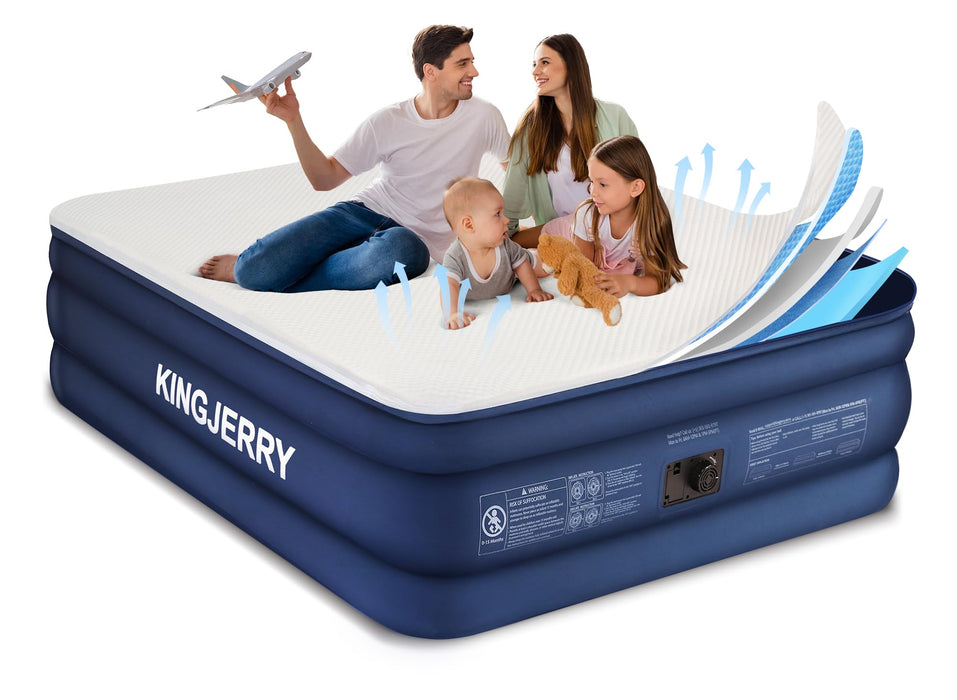 KINGJERRY Queen Air Mattress with Built-in Pump, 18" Luxury Foam Topper Inflatable Blow Up Mattress, Breathable & Washable Silk Feel Cover, 900lbs Supports, 48Hr Leak-Proof, 3-Min Fast for Home&Guests