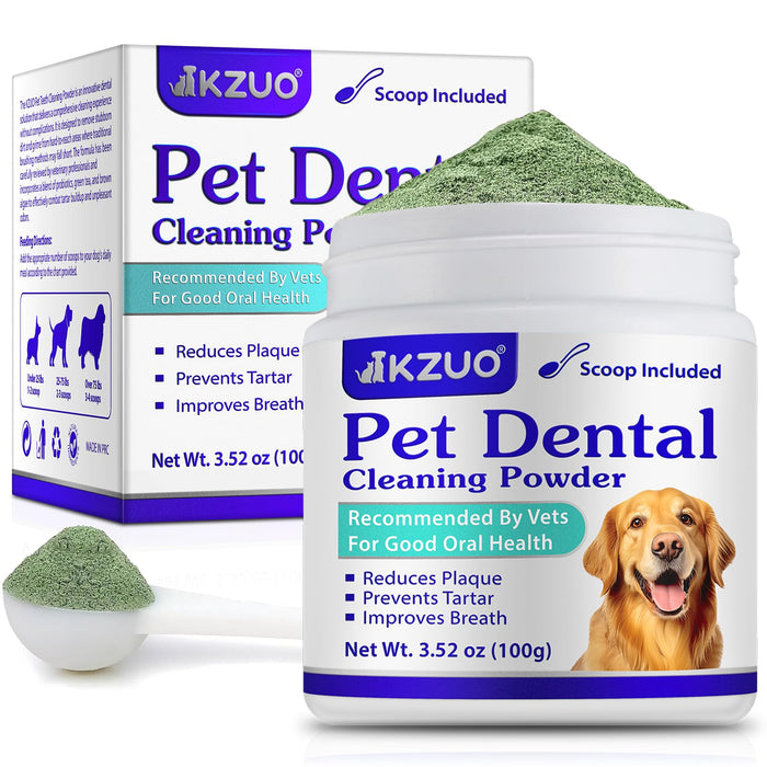 KZUO Dog Dental Powder - Dog Teeth Cleaning Powder - Tartar & Plaque Reducer - Bad Breath Solution - Easy Teeth Cleaning for Small, Medium, Large Dogs & Cats