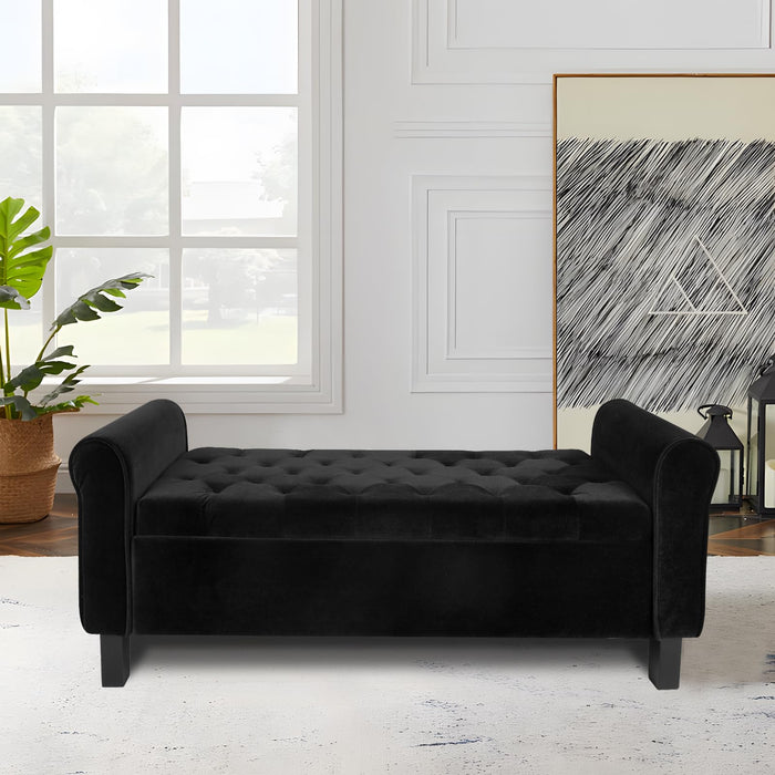 Storage Ottoman Bench with Arms, Velvet End of Bed Bench for Bedroom, Black Button Tufted for Entryway, Hallway, Foot Rest (Black)