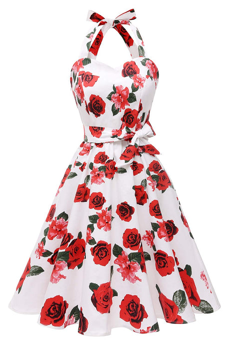 Topdress Women's Vintage Polka Audrey Dress 1950s Halter Retro Cocktail Dress White Rose L