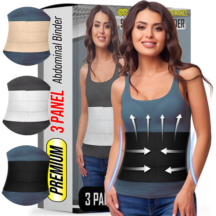Abdominal Binder for Women & Men Post Surgery Recovery, 9 inch 3 Panel Waist Compression Band, Wrap Support for Bariatric, Belly, Stomach, Postpartum, Hernia, Latex-free, Breathable Fabric. Black S-M