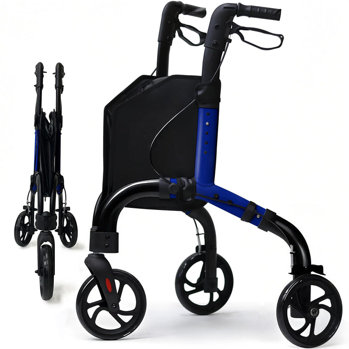 Premium 3 Wheel Rollator Walker for Seniors, Lightweight Foldable Elderly Three Wheeled Rollator with Storage Bag, Aluminum Mobility Aid Rolling Walker (Black & Blue)