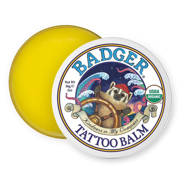 Badger Tattoo Balm, Organic Tattoo Aftercare, Soothing Moisturizing Protecting Healing Tattoo Cream, Light Herbal Sweet Scent, Long Lasting Rich Tattoo Butter, 2 oz Tin