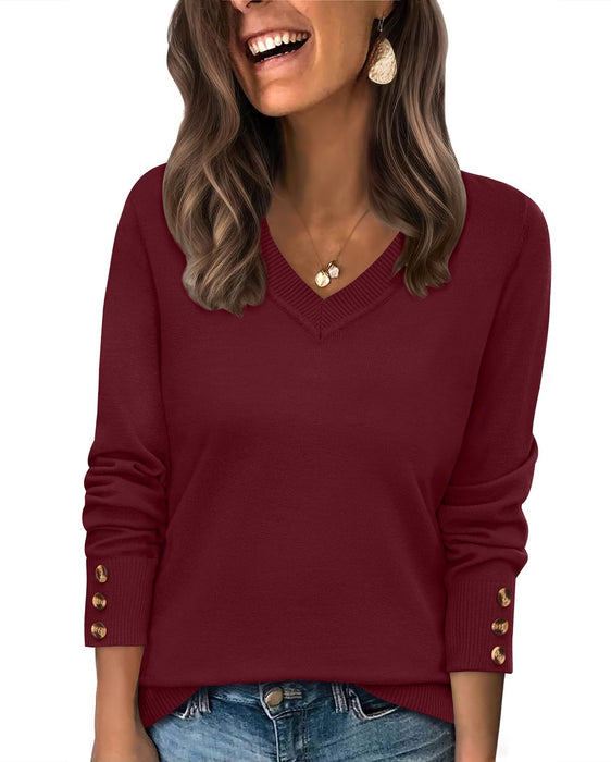 WIHOLL Burgundy Sweater for Women Dressy Casual Outfits 2025 V Neck Long Sleeve Shirts Cashmere Wool Blend Ladies Tops and Blouses Thanksgiving Christmas Sweaters Fall Winter Clothes Wine L