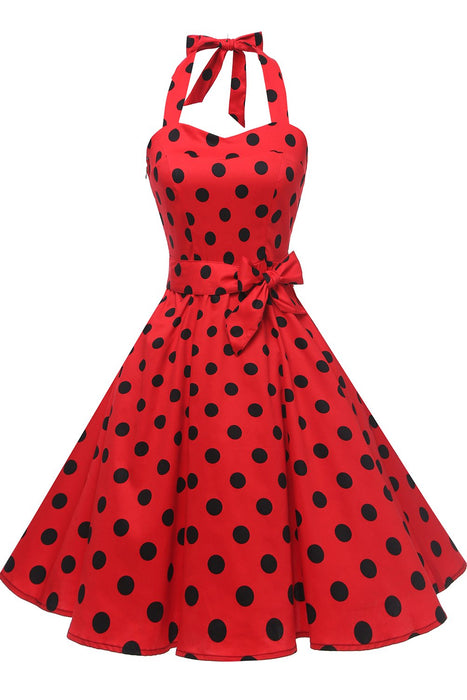 Topdress Women's Vintage Polka Audrey Dress 1950s Halter Retro Cocktail Dress Red/Black Dot XL