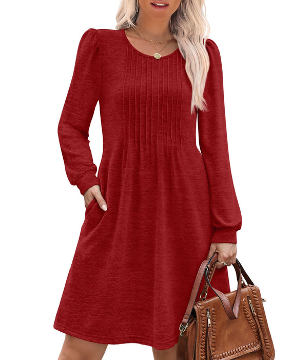 OFEEFAN Christmas Dresses for Women Sweater Dresses for Women 2025 Winter Clothing Casual Long Sleeve Dress Pleated Fall Crew Neck Red M