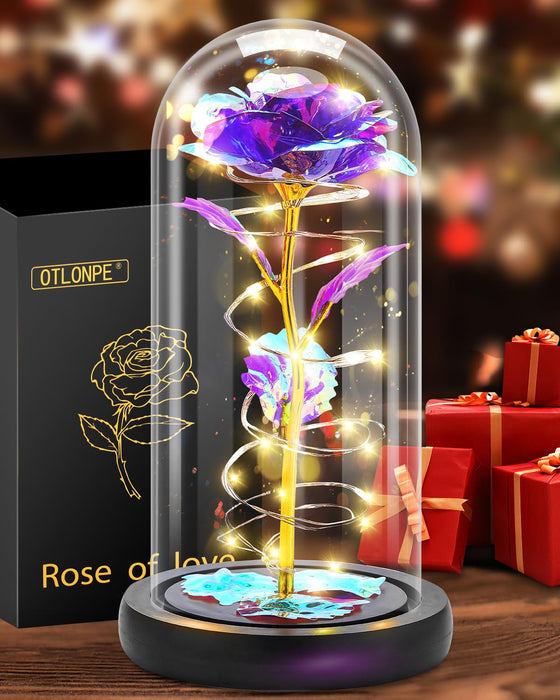 Otlonpe Glass Rose Flower, Womens Gifts for Christmas Valentines Day Mothers Day Teacher Appreciation Graduation, Birthday Gifts for Women Mom Wife Girlfriend Grandma Sister Teacher Friend (Purple)
