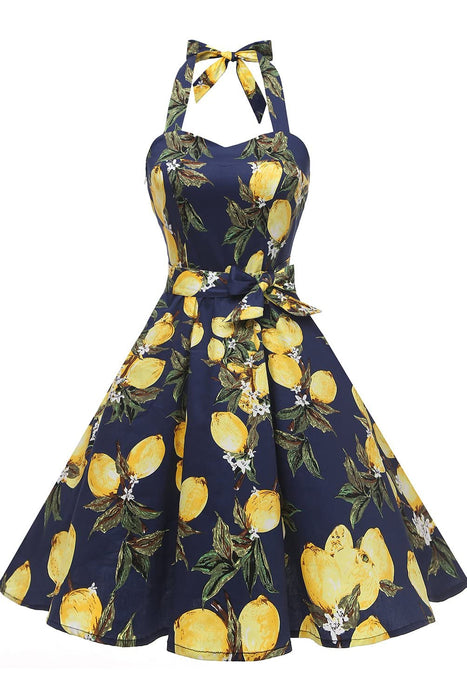 Topdress Women's Vintage Polka Audrey Dress 1950s Halter Retro Cocktail Dress Lemon 2XL