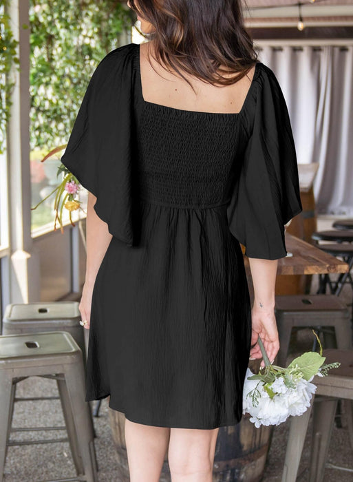 Dokotoo Black Dress Dresses for Women Wedding Guest 2025 Spring Fashion Summer Drawstring V Neck Ruffle Party Cocktail Womens Dresses Short Sleeve Dress Casual Mini Dress