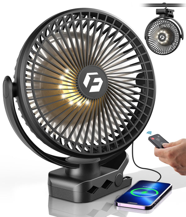 24000mAh Clip on Fan for Golf Cart - 8-inch Portable Rechargeable Fans - Max Up to 150Hrs Work Time - Battery Operated Fan with LED, Remote, Timers, Hook for Office, Desk, Camping, Tent, Treadmill