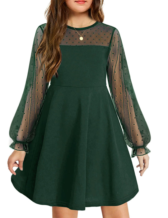 Arshiner Girl's Sheer Mesh Lantern Long Sleeve Green Christmas High Waist Elegant Party Short Dress 11-12 Years